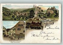 4112 Flüh 1896 BOAKC Lithographie Flühn Gasthaus Bäckerei Alph. Nussbaumer Ruine Landskron Mariastein Gebrauchsspuren, bitte Scan genau beachten!