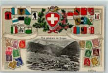 3900 Brig Lithographie / Prägedruck Passepartout Wappen Briefmarkenabbildungen