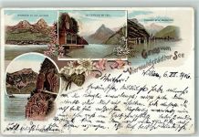 6440 Vierwaldstättersee 1906 Karte beschädigt Brunnen et les Mythen La Chapelle de Tell Fluelen et le Bristenstock Axenstrasse Lithographie