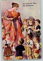 Die Brotkarte La Carte de Pain Helvetia verteilt Brot an die Kinder in Trachten Helvetia Künstlerkarte
