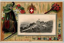 8497 Fischenthal 1907 Prägedruck Hörnlikulm Gasthaus Kühe Passepartout Rucksack Wappen Gämse Edelweiss Lithographie Ort lt. Recherche