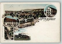 4302 Augst BL BOAKC Lithographie Handlung R. Schaub Anstaltsgebäude Amphitheater Augusta Rauracorum Eisenbahnbrücke Gebrauchsspuren, bitte Scan genau beachten!