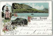 6374 Buochs 1899 Lithographie Tracht Hotel Kreuzgarten Gasthaus Edelweiss Stanserhorn Buochserhorn Vierwaldstättersee