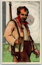 Künstlerkarte Schweizerischer Schützenverein Societa Svizzera dei Carabinieri Mann mit Gewehr Zielscheibe sign J. E. Hugentobler