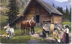 1913 - Bergbauern vor einer Appenzeller Sennhütte, Kuh, Ziege,Edition Photoglob Co. AKU1