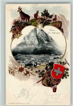 8750 Glarus 1903 Lithographie / Prägedruck Passepartout Jagd Gämsen Rucksack