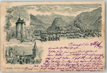 1950 Sion Sitten 1899 Lithographie Tour des Sorciers Mont Valere Cathedrale Vorläufer