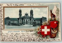 8840 Einsiedeln 1901 Passepartout Prägedruck Kloster Gämse Jagd Wappen Lithographie