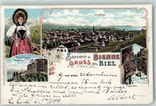 2500 Biel/Bienne 1899 Gebrauchsspuren Tracht Hotel Pension Magglingen Taubenloch Lithographie