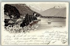 Chillon Chateau 1898 Lithographie Schloss Eisenbahn Edelweiß