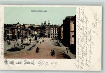 Zürich Bahnhofplatz Gruss aus Zürich Pferdekutschen Bahnhof Schweiz 1899