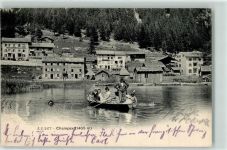 Champex 1904 Gebrauchsspuren Familie in Ruderboot