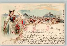 6500 Bellinzona 1900 Lithographie Tracht Frau Burg Eisenbahn