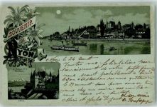 1260 Nyon 1901 Gebrauchsspuren Lithographie la Chateau et le Montblanc Seitenraddampfer Mondschein