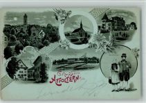 8910 Affoltern am Albis 1899 BOAKC Lithographie/Mondschein Kath. Kirche Kuthaus Lilienberg Krone Gerichtsgebäude Pension Weinberg Aemtlertracht Trachtenpaar