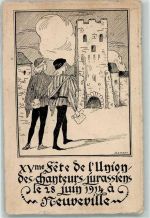 2520 La Neuveville 1914 Gebrauchsspuren XV. Fete de l'Union des Chanteurs juarssiens sign Künstlerkarte