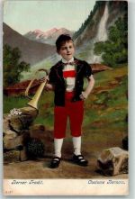 1906 Prägedruck Junge mit einer Tröte mit echter Stoff Applikation AE 185