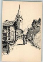 1922 Salvan Radierung Kirche Dorfstrasse