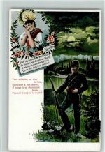 Soldat Gewehr Wache Frau Tracht Mondschein sign Militär Schweiz Künstlerkarte