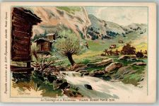 Le Paturage et le Ruisseau Village Suisse Ausstellung Paris 1900 Motiv Schweiz 1900 Lithographie