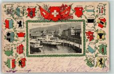 9400 Rorschach 1905 Prägedruck Bahnhof Hafen Eisenbahn Lok Dampf Schiff Wappen Blumen