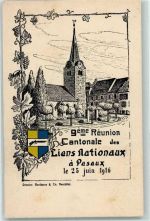 2034 Peseux 1916 Radierung 9ème Réunion Cantonale des Liens Nationaux à Peseux Kirche Wappen