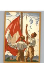 1929 , Jungen setzen eine Fahne Bundesfeier Ganzsachen Schweiz Künstlerkarte