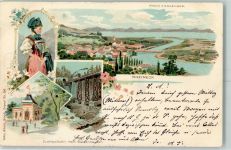 9424 Rheineck 1900 Lithographie Tracht Rhein Bodensee Drahtseilbahn nach Walzenhausen