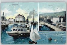 9400 Rorschach Gebrauchsspuren Hafen mit Kornhaus, Bahnhof, Schiff