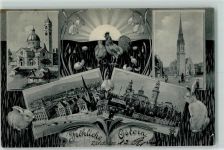 8000 Zürich 1905 Künstlerkarte Tonhalle Schneeglöckchen Hasen Hahn und Henne Ostergrüße