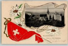 9428 Walzenhausen 1903 Gebrauchsspuren Prägedruck Kirche Hotel Rheinburg Fahne Edelweiss