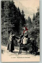 1874 Champéry Gebrauchsspuren 2 junge Walliserfrauen mit Milchkanne auf Pferd