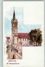 8000 Zürich 1900 Künstlerkarte St Peters Kirche sign
