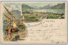 1800 Vevey - Künsterlerkarte, Gesamtansicht, Schiffe