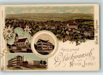 8132 Egg bei Zürich 1908 BOAKC Lithographie Secundarschulhaus Schröder'sche Seifenfabriken Kirche Verlag Künzli Nr 1 Glückwunsch Neujahr Gebrauchsspuren, bitte Scan genau beachten!