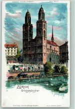 8000 Zürich Künstlerkarte Grossmünster Schwäne sign C. Steinmann Serie Zürich