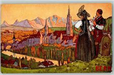 3000 Bern Berne Künstlerkarte sign Ad. Fiscke Trachtenpaar Pfeife Werbung Hotel de France & Terminus A. Eleury