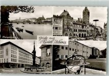 4000 Basel Bâle Foto AK Rathaus Rheinpanorama Fischmarkt Messehalle Sonnenuhr