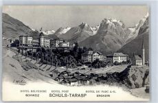 7553 Tarasp - Künstlerkarte I. Weber, Hotel Post, Hotel Belvedere, Hotel Du Parc A.-G.