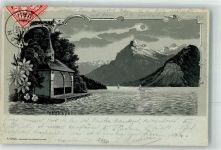 6452 Sisikon 1905 Lithographie / Mondschein Tellskapelle Segler