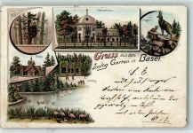 Basel Bâle Zoolog. Garten Braunbär Elefantenhaus Gämse Euelenburg Hirschhaus Flamingos Zoo 1899 Lithographie