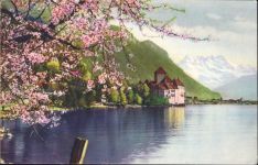 Schloss Chillon am Ufer des Genfer Sees, im Hintergrund die Dents du Midi,Photo Kern AKU1