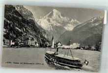 6454 Flüelen 1923 Foto AK Dampfschiff Kirche Bristenstock