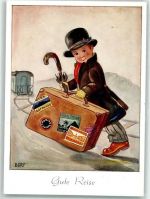 Kind mit Koffer Künstler AK sign. Bert Motiv Schweiz 1920 Gebrauchsspuren