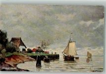 sign. Plass. Segelboot kurz vor dem Anlegen am Ufer eines Sees Werbung F.L. Cailler's Milch-Schokolade Schokolade Künstlerkarte