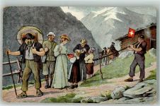 sign. v. Tobler Bergwandern in der Schweiz Berghütte Alphorn Senner Motiv Schweiz 1909 Lithographie / Künstlerkarte