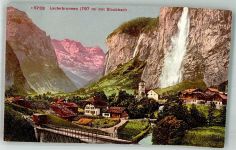 3822 Lauterbrunnen Foto AK Bergbahn Kirche Wasserfall