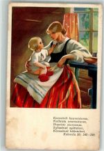 Finnische Mutter in Tracht mit ihrem Kind auf dem Schoss Wohlfahrtskarte für Tuberkulose-Sanatorien Tuberkulose 1943 Künstlerkarte