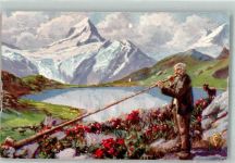 sign. Kutscha, Paolo Schreckhornbläser in der Schweiz Künstlerkarte Alphorn Gebrauchsspuren