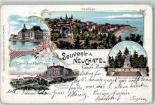2000 Neuchâtel Neuenburg 1903 Gebrauchsspuren Hotel es Postes Monument de la Republique Hotel des Alpes et Hotel Terminus Emile Haller Properétaire Lithographie